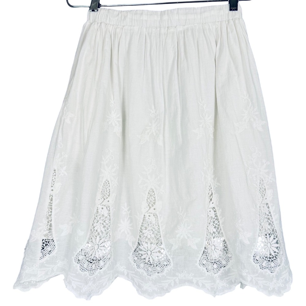 Boho Fairy Knee Skirt White Cotton Small Drawstring Lined Lace Cut-Out A-Line - Picture 2 of 9